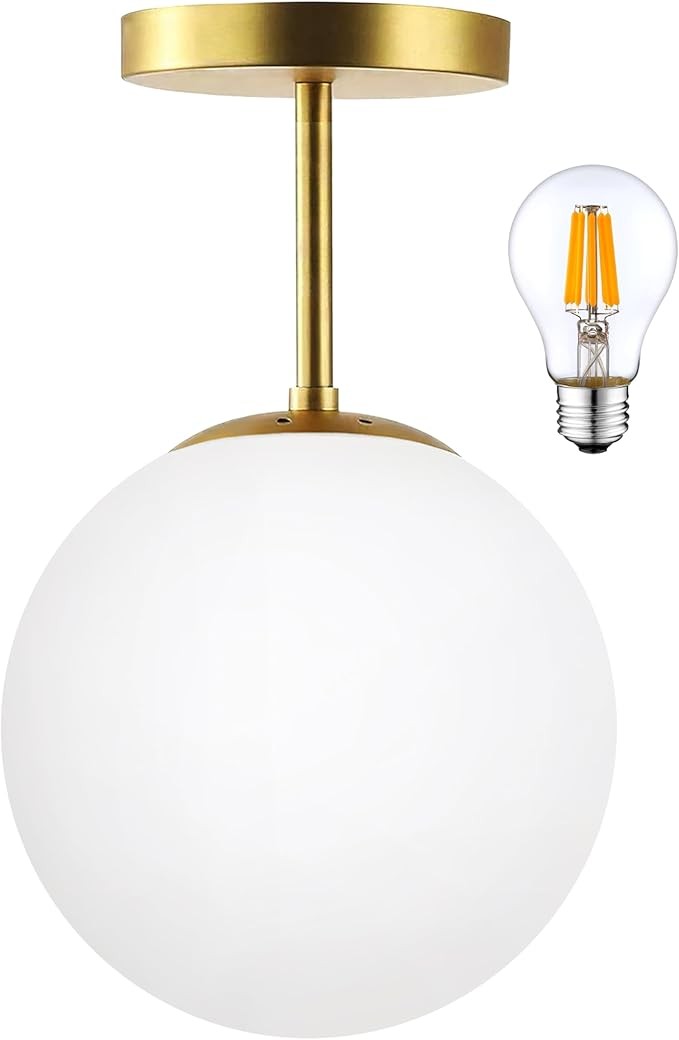 Globe Semi Flush Mount Ceiling Light Fixture Globe Ceiling Light Milk Glass Matte Gold Finish Contemporary Mid Century Modern Lighting for Hallway Living Room Kitchen Bedroom Storage(Bulb Included)