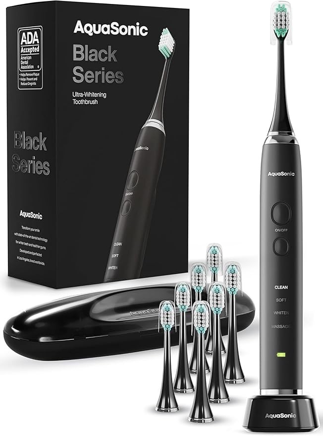 Aquasonic Black Series Ultra Whitening Toothbrush – ADA Accepted Electric Toothbrush- 8 Brush Heads & Travel Case – 40,000 VPM Electric Motor & Wireless Charging - 4 Modes w Smart Timer