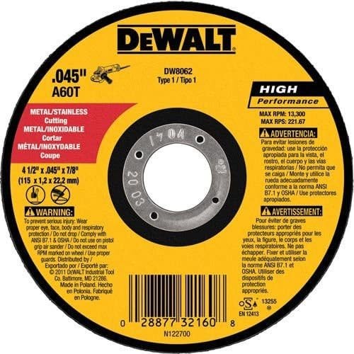 DEWALT 4 1/2 Cut Off Wheel, Angle Grinder Cutting Disc, 5 Pack, Aluminum Oxide Abrasive Chop with 7/8 Arbor for Metal Cutting, Grinding Wheels 4 1/2 in x .045 in (DW8062B5)