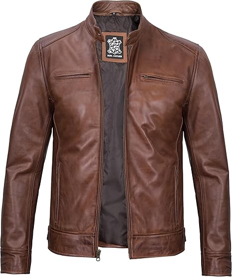 Decrum Mens Leather Jacket - Cafe Racer Style Real Lambskin Leather Jacket Men