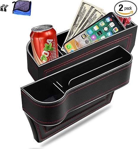 Car Seat Gap Filler Organizer, 2 Pack Multifunctional Car Seat Organizer, Auto Console Side Storage Box with Cup Holders 2 Seat Hooks for Drink, Car Organizer Front Seat for Holding Phone, Sunglasses