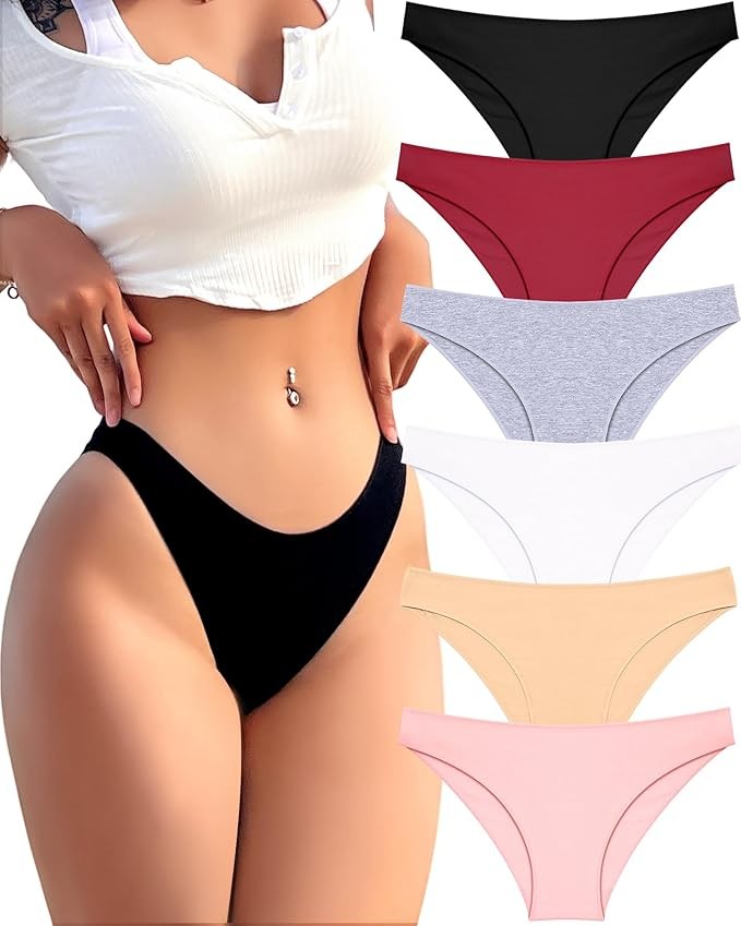 FINETOO 6 Pack Cotton Underwear for Women Cute Low Rise Bikini Panties High Cut Breathable Sexy Hipster Womens Cheeky S-XL