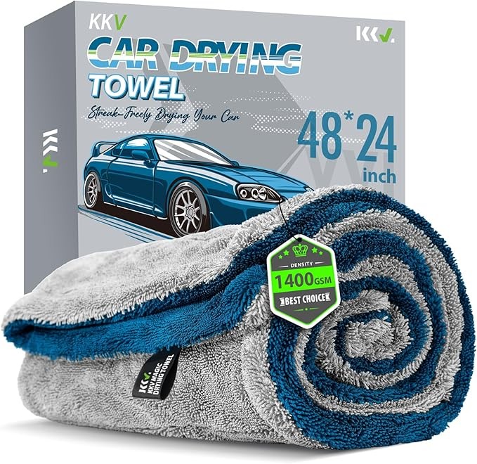 KKV Full-Sized SUV Drying Towel, 48”x24” Dual Sided Microfiber Car Cleaning Towel with Twisting Yarn Technique, 1400GSM Super Absorbent, Scratch-Free, Machine Washable (LightGrey-MarineBlue)