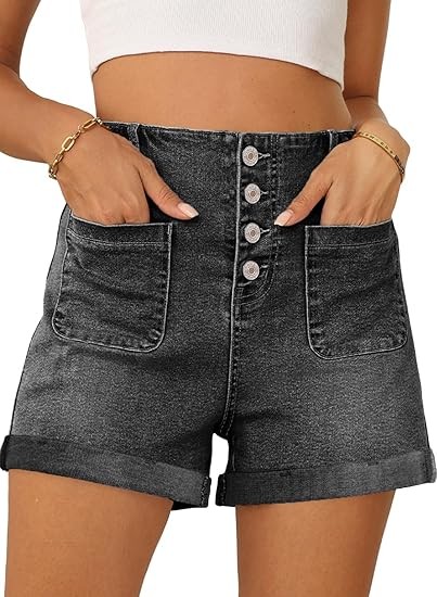 Metietila Women's Summer Jean Shorts Button Fly Elastic High Rise Cuffed Hem Casual Denim Shorts with Patch Pockets