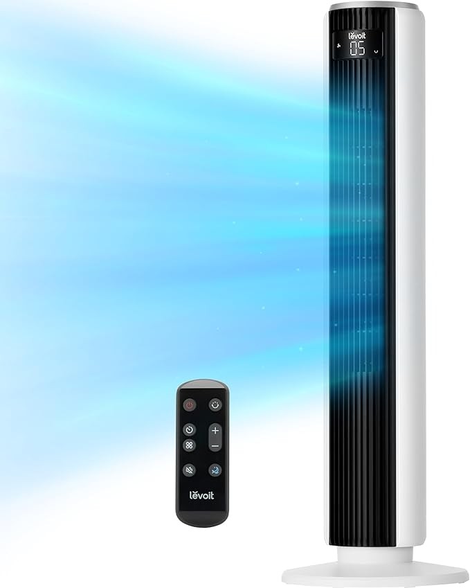 LEVOIT Tower Fan for Bedroom, 90° Oscillating Standing Fan with 28dB Quiet for Sleep, 25ft/s Velocity, 12H Timer, 5 Speeds 4 Modes, Remoter, Bladeless Room Fan for Home, Office, Indoor, 36 inch, White