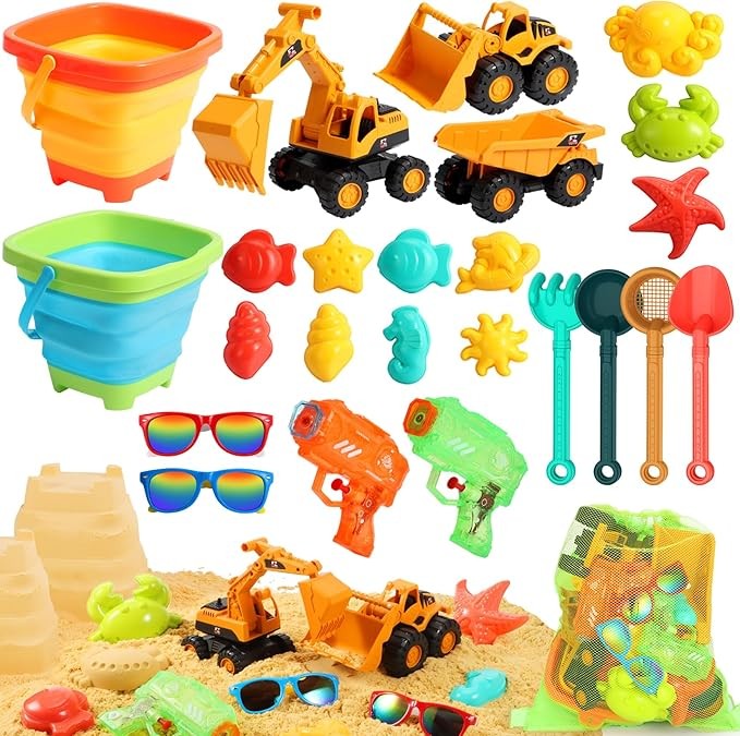 HUITEM Beach Toys for Kids, Sand Toys with 2 Collapsible Beach Bucket,3 Dump Truck,2 Sunglasses,Ocean Molds,Sandbox Shovel,2 Mesh Bag Sand Castle Building Kit Travel Beach Essentials for Toddler 3-10