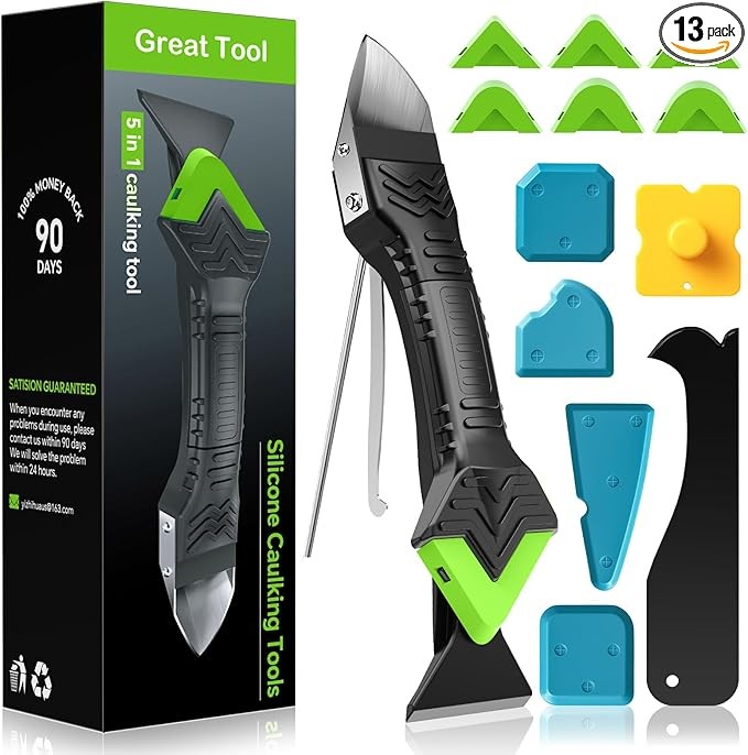 Caulking Tool 5 in 1 Silicone Caulking Grout Removal Sealant Finishing Tool with Grout Scraper, 6 Exchange Silicone Pads, Adhesive Residue Scraper Seam Repair Kit for Kitchen Bathroom