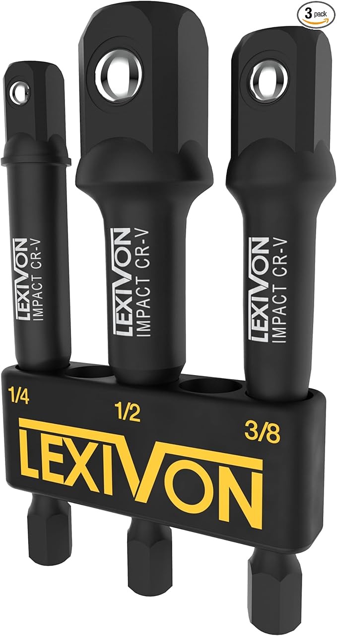 LEXIVON Impact Grade Socket Adapter Set, 3" Extension Bit With Holder | 3-Piece 1/4", 3/8", and 1/2" Drive, Adapt Your Power Drill To High Torque Impact Wrench (LX-101)
