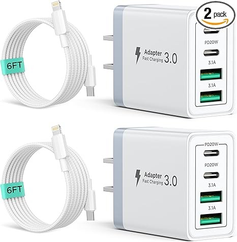 2 Pack USB C Wall Charger, 40W 4-Port USB C Fast Charger Block Dual Port QC+PD 3.0 Power Adapter, Multiport Type C Brick Charger with Lightning Cable for iPhone 14 13 12 11 Pro Max XS XR X 8 7 6 Plus