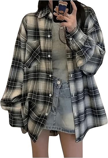 Verdusa Women's Gingham Plaid Button Up Oversized Blouses Grunge Shirt Jacket with Pockets