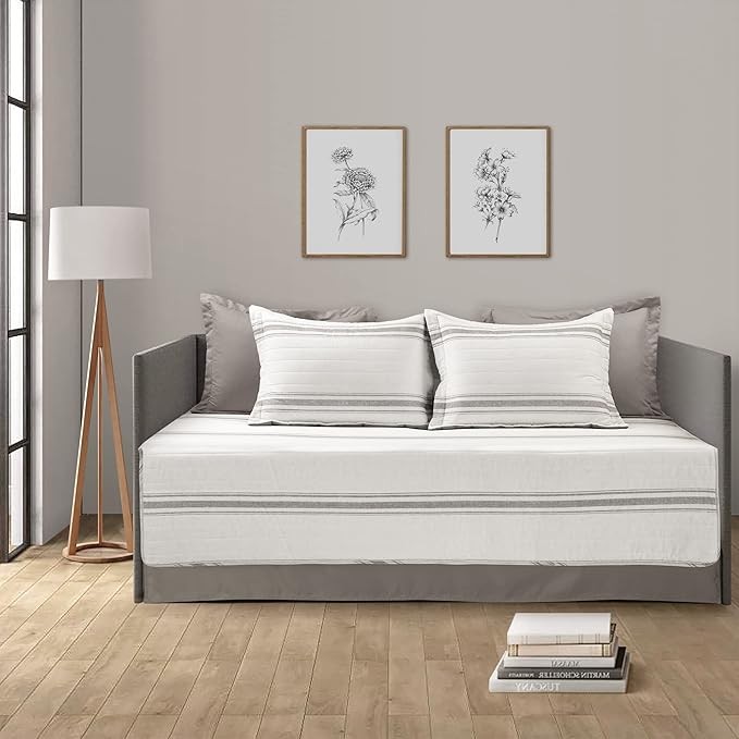 Lush Decor Farmhouse Stripe Cotton Daybed Cover Set, 6 Piece Set, 39" W x 75" L, Gray - Twin Daybed Bedding Sets - Rustic Decor - Striped Quilt - Modern Farmhouse Bedroom Decor