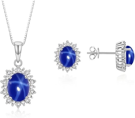 Rylos Matching Jewelry Set 14K White Gold Princess Diana Inspired: Earrings & Pendant Necklace with 18" Chain. Gemstone & Diamonds, 8X6MM Birthstone