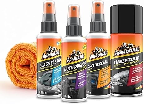 Armor All Car Wash and Car Interior Cleaner Kit, Includes Towel, Tire Foam, Glass Spray, Protectant Spray and Cleaning Spray, Multicolor, 5 Count (Pack of 1)