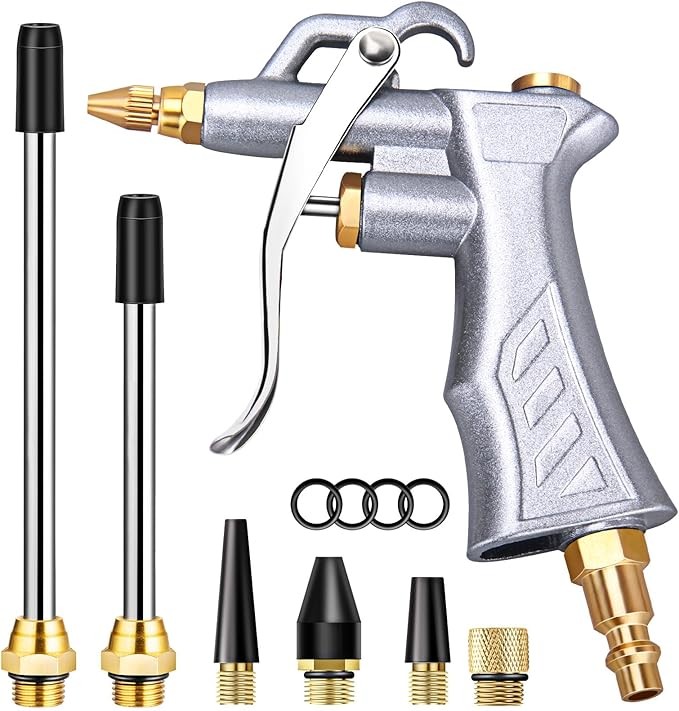 ASTIND Industrial Air Blow Gun with Brass Adjustable Air Flow Nozzle and 2 Steel Extension, Pneumatic Air Compressor Accessory Tool Dust Cleaning and Blower Gun