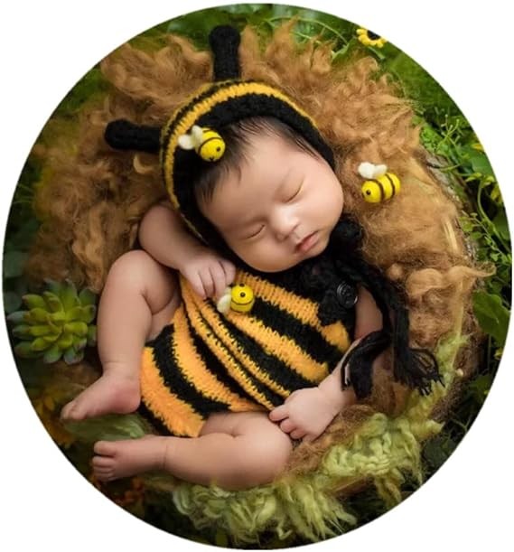 Coberllus Newborn Photography Props Outfits Girl Boy Bee Baby Photo Props Hat and Romper Mohair Newborn Photoshoot Props