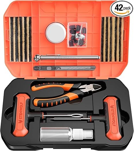 ETENWOLF Tire Repair Kit 42 Pcs, Heavy Duty Tire Plug Kit to Fix Punctures, Tire Repair Tool with Plugs for Car, Motorcycle, ATV, Jeep, Truck, Tractor, Gifts for Him Her Men Women, Vivid Orange