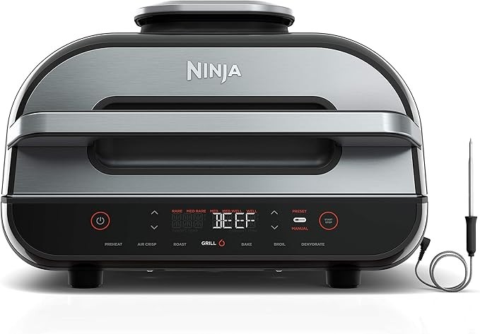 Ninja | Indoor Grill and Air Fryer| Foodi Smart XL | 6-in-1 Grill, Air Fry, Roast, Bake, Broil, Dehydrate & Crisp |Smart Thermometer & Splatter Shield | Dishwasher Safe Parts | Black/Silver | FG551
