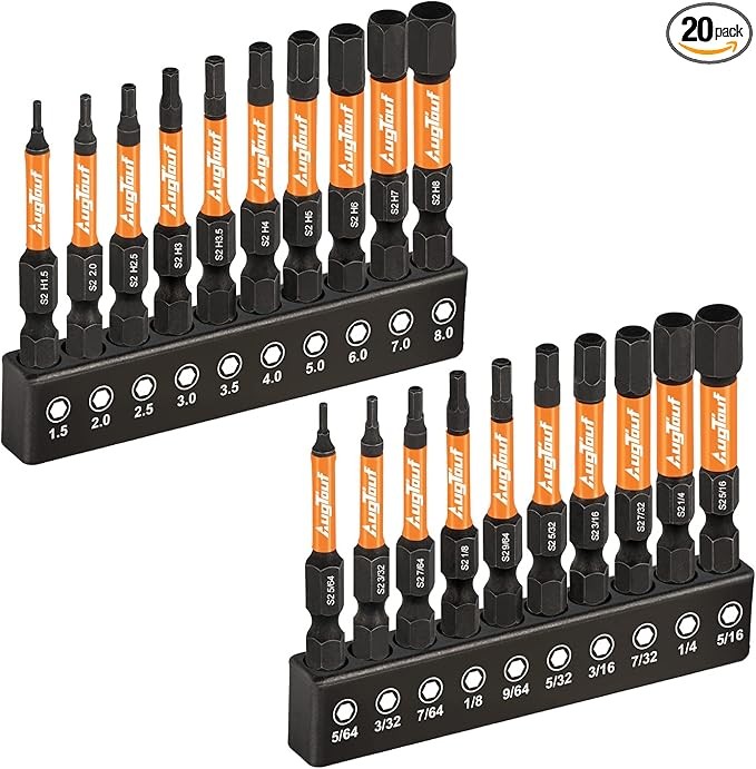 toolant Impact Hex Head Allen Wrench Drill Bit Set 20pcs (Metric&SAE), 1/4” Hex-Shank S2 Steel Hex Bits Set, CNC Machined Tips with Magnetism, 2” Long with Storage Box
