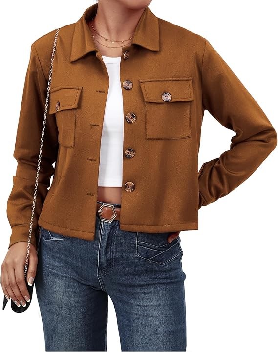 Waist Wow Women's Faux Suede Cropped Jacket Casual Button Down Fall Shacket Jackets Long Sleeve Outerwear Coats