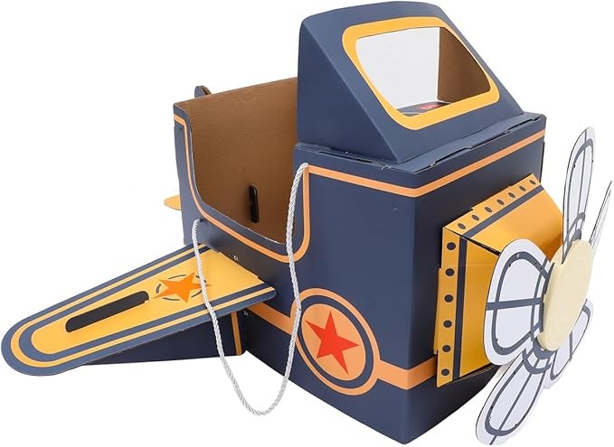 SAFIGLE Children Wearable Cardboard Plane: Airplane Costume for Kids DIY Paper Aircraft with Rotating Fan - Cardboard Car Fun Outdoor Play and Learning Experience Flying Airplanes for Kids Blue