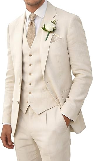 Wehilion Retro Linen Men Suits Beach Wedding Suit Summer Slim Fit 3 Pieces Light Weight Breathable Jacket Vest Pant Tuxedo