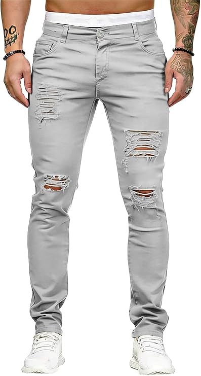 HUNGSON Men's Blue Slim Fit Jeans Stretch Destroyed Ripped Skinny Jeans Side Striped Denim Pants