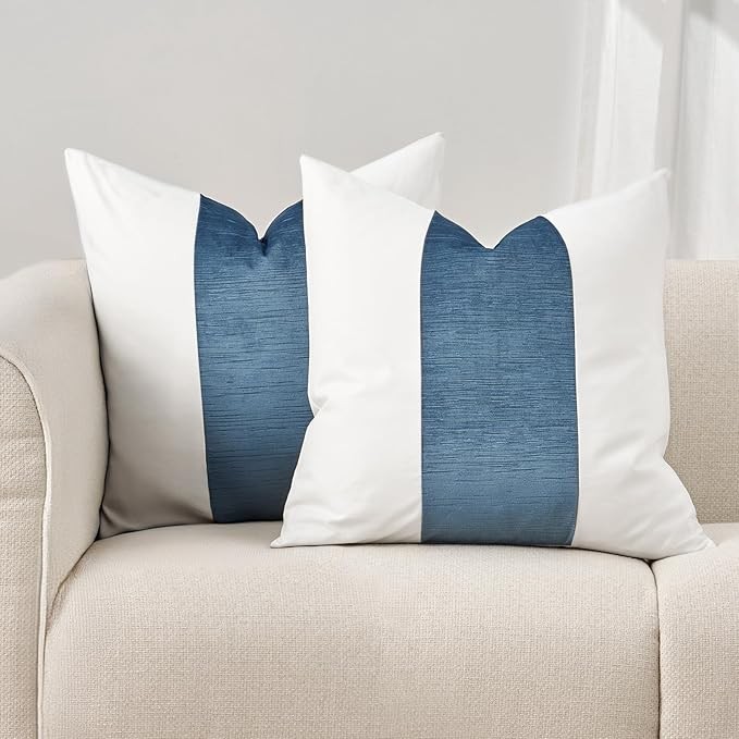 EVERGRACE x Kinsey Walsh Signature Velvet Panel Cotton Pillow Covers Set of 2, Decorative Pillow Covers 20"x20" for Couch, Square Cushion Cases for Sofa Bedroom Living Room, Blue Topaz