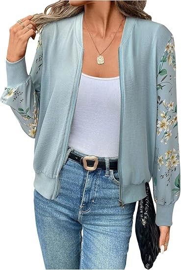 OYOANGLE Women's Floral Print Long Sleeve Zip Up Bomber Jacket Drop Shoulder Lightweight Dressy Coat