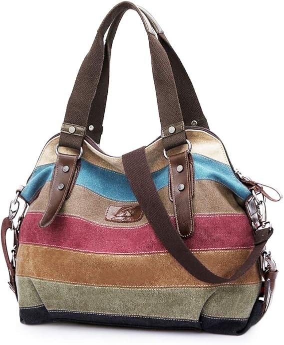Canvas Handbag Multi-Color Striped Lattice Cross Body Shoulder Purse Bag Tote-Handbag for Women | Striped, Lattice, Shoulder, Purse, Bag, Striped