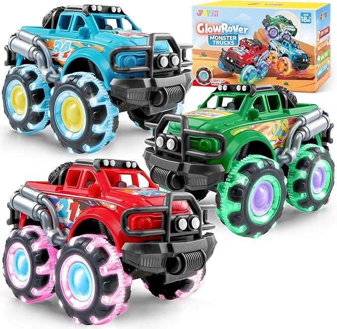Vroomix JOYIN 3 Pack Monster Truck Toy - Toy Truck with Flashing LED Wheels - Light-Up Friction-Powered Cars for Toddlers - Boys Girls Birthday Gift