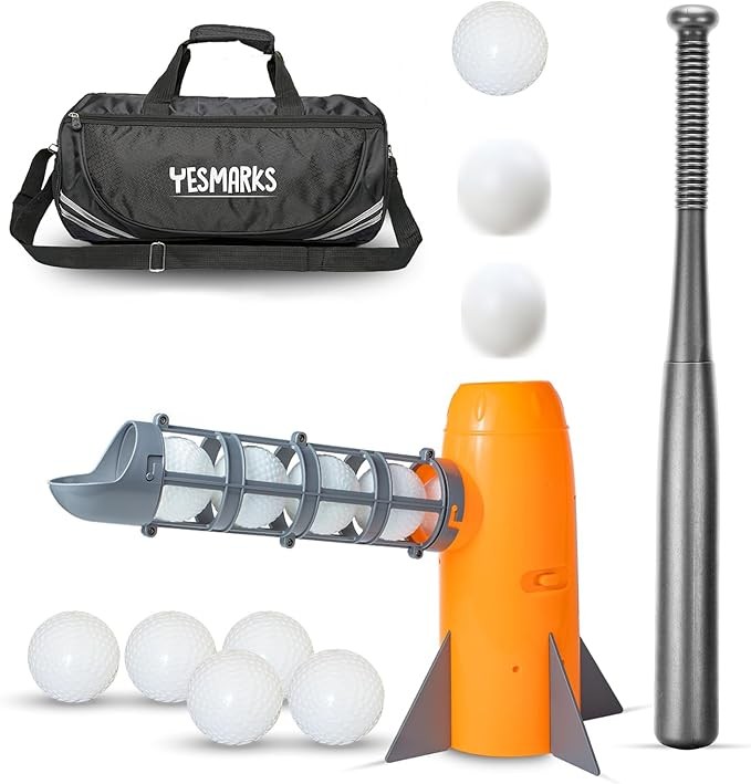 YESMARKS Kids Auto Baseball Pitching Machine Outdoor Toy Set - Training Equipment & Batting Practice Toys for Youth, Includes 10 Baseballs, Baseball Bat and Sports Bag