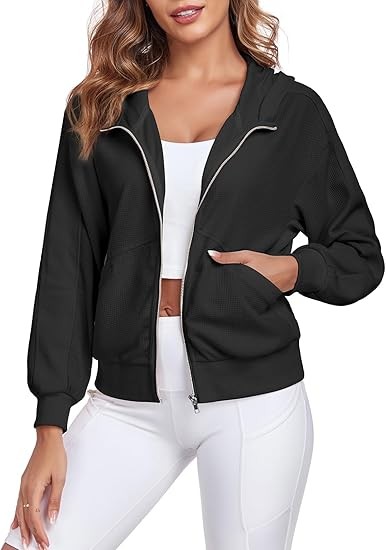 Women's Cropped Waffle Jacket Oversized Zip Up Long Sleeve Batwing Y2K Hood jacket with Pocket