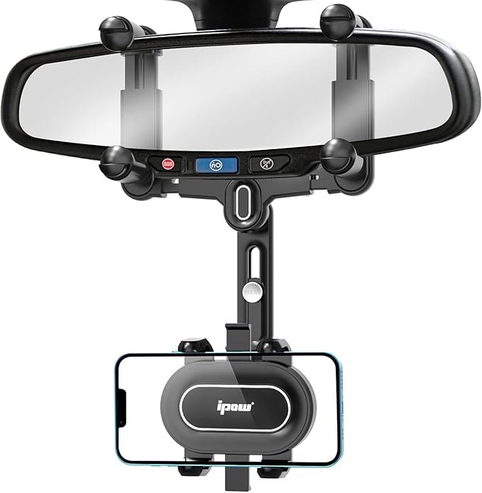 IPOW Large Rearview Mirror Phone Holder, Rotatable and Retractable, Anti-Shake Phone Mount for Car Compatible with iPhone 17/16/15/14/13/12/11 Pro Max, Samsung All 4-7 Inch Phones