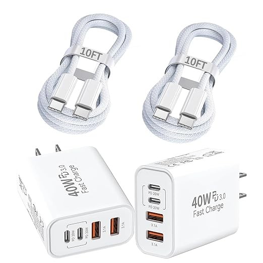 iPhone 17 16 Charger,4-Port USB C Charger Block Fast Charging 2Pack 40W Apple Charger with 10FT USB C to C Woven Braid Cable Cord for Apple iPhone 17e/17 Pro Max/17 Pro/17/Air/16e/16 Pro Max/16Plus/15