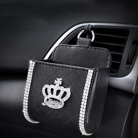 MACHSWON Universal Air Vent Storage Bag Organizer Pocket with Crown and Crystal Car Interior Accessories Phone Holder Bag for Phone, Pens, Key, Sunglass