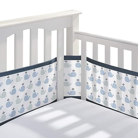 BreathableBaby Breathable Mesh Liner for Full-Size Cribs, Classic 3mm Mesh, Little Whale Navy (Size 4FS Covers 3 or 4 Sides)