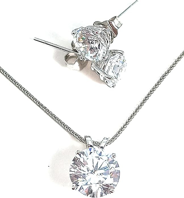 18 Karat SOLID GOLD FINE Diamond jewelry sets for women HANDMADE Jewellery 18" Single Solitaire Diamond Necklace Pendant Earrings SET 3.5 carat Valentines day Birthday gift for wife who has everything