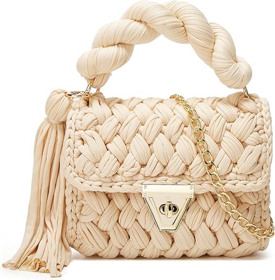 Chunky Yarn Knit Crochet Tote Purse Crossbody Bags for Women - Handwoven Evening Clutch Flap Shoulder Bag