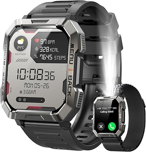 Military Smart Watch for Men (Answer/Make Calls), 2.01'' Smart Watch for Android and iPhone, Fitness Tracker with Flashlight/Compass/100 Days Battery/Heart Rate/Sleep/100+ Sport Modes(2 Straps)