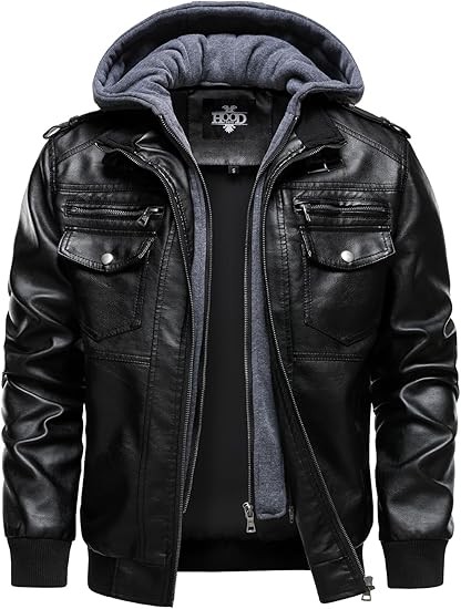 HOOD CREW Men's Faux Leather Hooded Jacket Motorcycle Jackets Water Repellent Windproof PU Moto Vintage Bomber Hoodie Coats