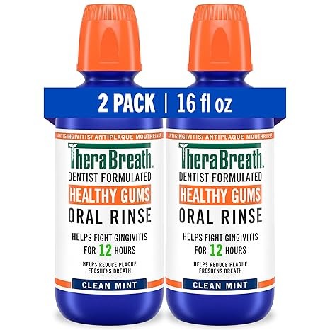 TheraBreath Healthy Gums Oral Rinse, Antigingivitis, Clean Mint Flavor, Dentist Formulated to Help Prevent Gingivitis and Support Gum Health, Alcohol Free, 16 Fl Oz (Pack of 2)