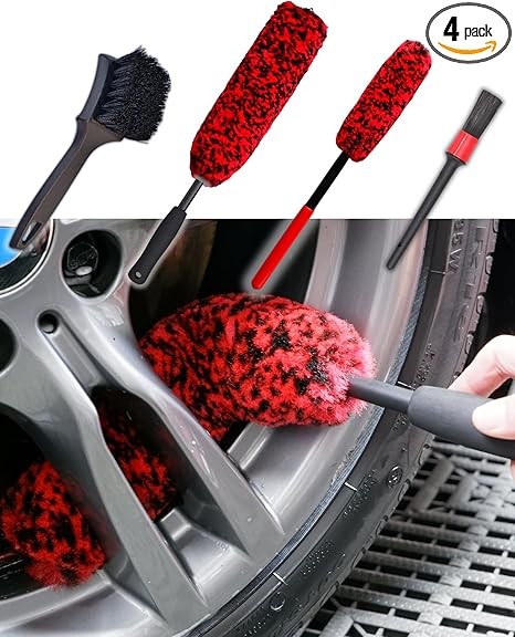 Professional 4 Pack Long Handle Wheel Brush Kit for Cleaning Wheel and Tire- 2X Soft Wheel Cleaning Brush, Detailing Brush and Stiff Tire Brush, Bendable& Durable Wheel Rim Cleaner Brush Set
