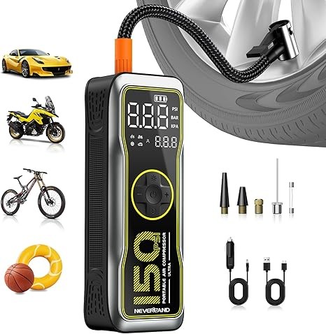 NEVERLAND Tire Inflator Portable Air Compressor - 16000mAh 150PSI Air Pump for Car Tires with Large LED Display,12V DC Tire Inflator with LED Light,Auto shut-off, for Car Motorcycle Bicycle Balls