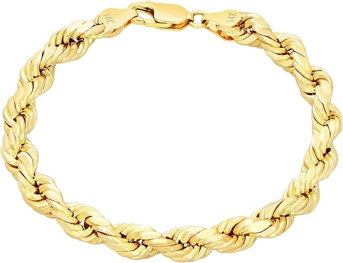 Nuragold 14k Real Yellow Gold 7mm Solid Rope Chain Diamond Cut Bracelet (7.5"-9") Italian Jewelry for Men