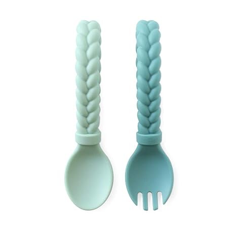 Itzy Ritzy Silicone Spoon & Fork Set – Baby Utensils Featuring a Baby Fork and Spoon with Looped, Braided Handles - Made of 100% Food Grade Silicone & BPA-Free – Ages 6 Months and Up (Mint)