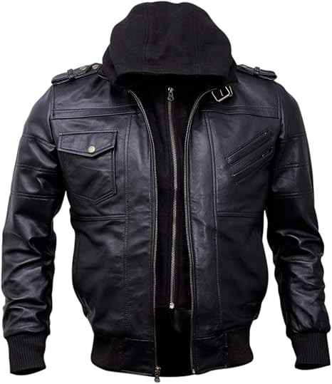 Mens Genuine Black Hooded Bomber Leather Jacket | Real Lambskin Waxed Brown Leather Jackets for Men with Removable Hood