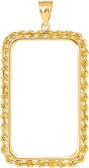 Roy Rose Jewelry 14K Solid Yellow Gold Rope Border Bezel Pendant Frame for PAMP Suisse Lady Fortuna & Credit Suisse Gold Bars 1 gram to 1 oz sizes