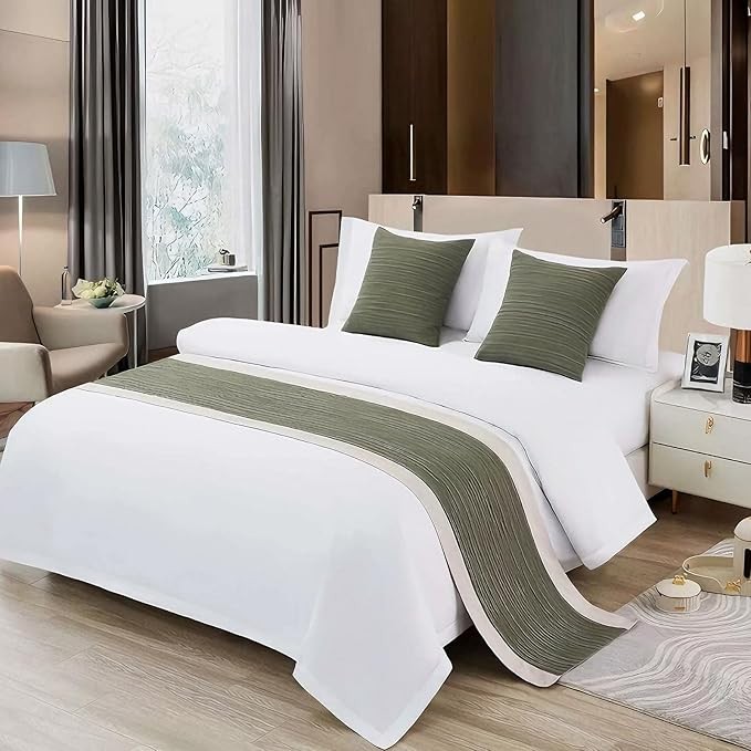 Olive Green Bed Runner 102 x 20 Inch Striped Seersucker Textured Bed Scarf for King Bed Luxurious Themed Quilted Bed Runner Decorative for Hotel Bedroom Home - (180 & 200cm Bed, 1 Piece)