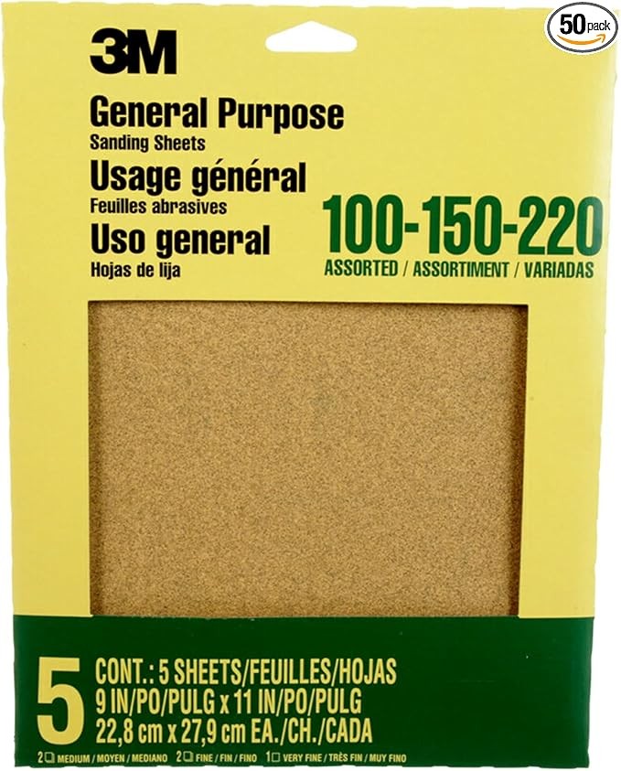 3M Aluminum Oxide Sandpaper, 5 Sheets, Assorted Grit 100-150-220, 9-in x 11-in, Multi-Purpose Abrasive Sanding Paper, For General Purpose Sanding On Paint, Wood and Metal (9005NA)