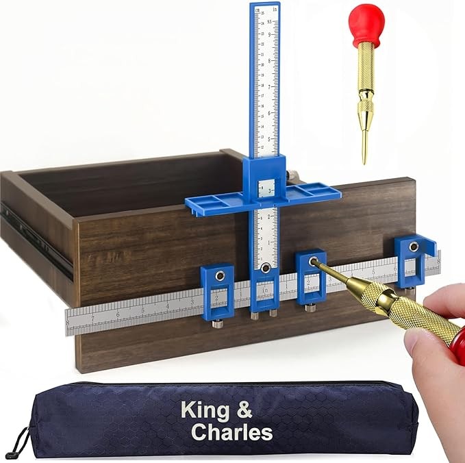 Cabinet Hardware Jig, King&Charles Cabinet Handle Jig with Automatic Center Punch, Avoid Jitter Caused by Direct Drilling. Use for Handles and Pulls on Drawers/Doors, Perfect Set.
